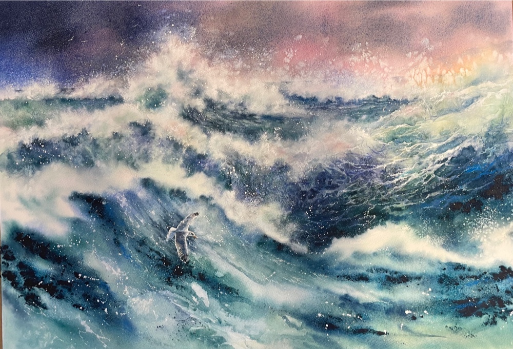 watercolour seascape with pink sky and blue/green waves. A lone gull is flying through the waves.