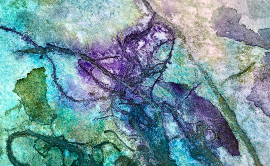 fibres like hessian, scrim or yarn added to a wet watercolour wash can create beautiful textures to your paintings.