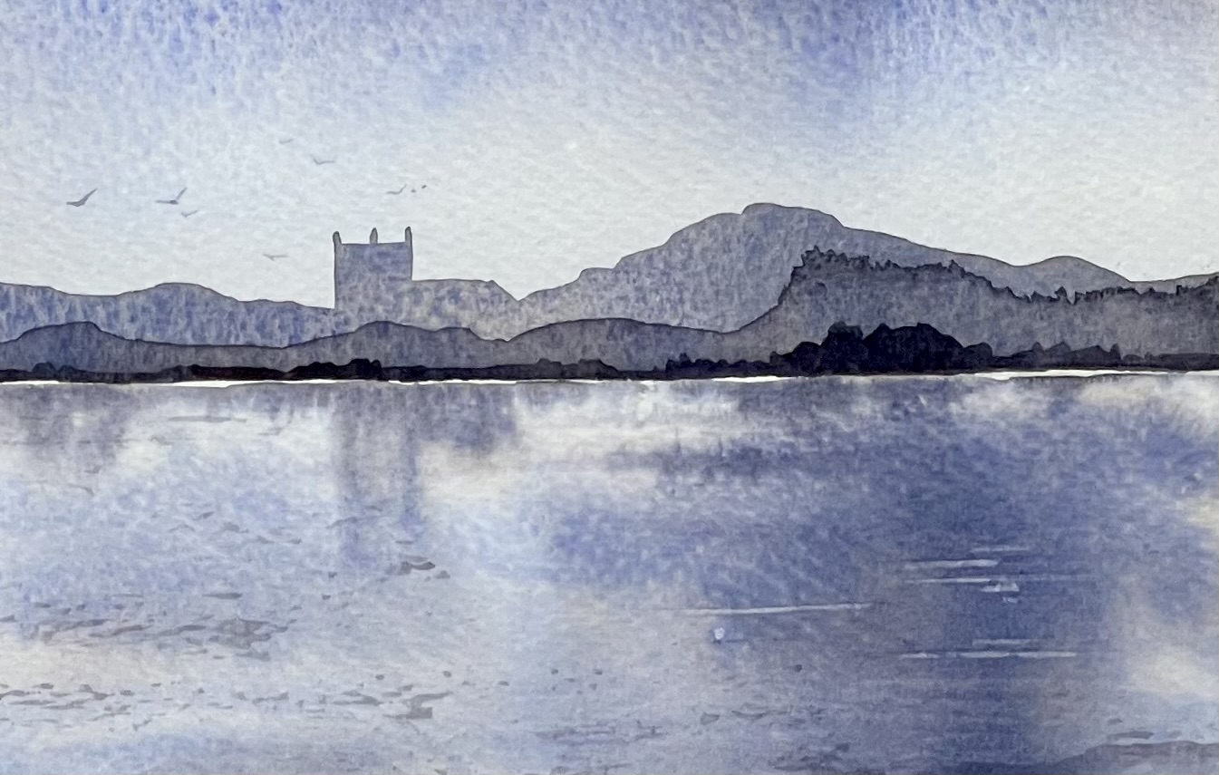 two colour watercolour painting of a church in the distance behind hills and in front of a lake.